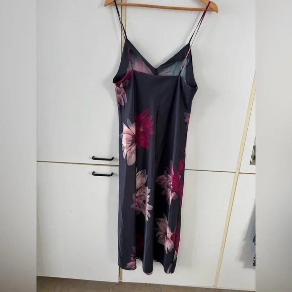 La Vie En Rose Dark Gray Pink Floral Slip Dress  Sexy Edgy Summer Flowy Satin - Picture 3 of 8